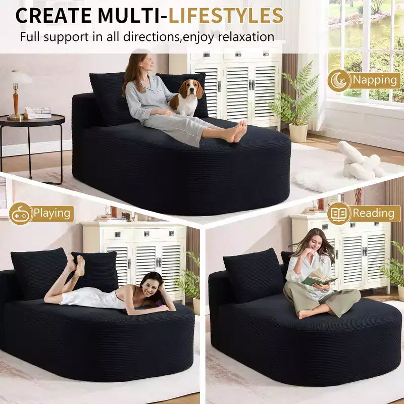 67.5 Corduroy Chaise Lounge Chair, Wide Seat, Deep Seating King Chair with 2 Pillows, Convertible Frameless Sofa Bed for Living Room