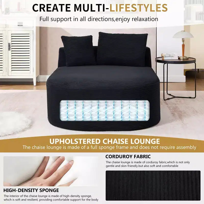 67.5 Corduroy Chaise Lounge Chair, Wide Seat, Deep Seating King Chair with 2 Pillows, Convertible Frameless Sofa Bed for Living Room