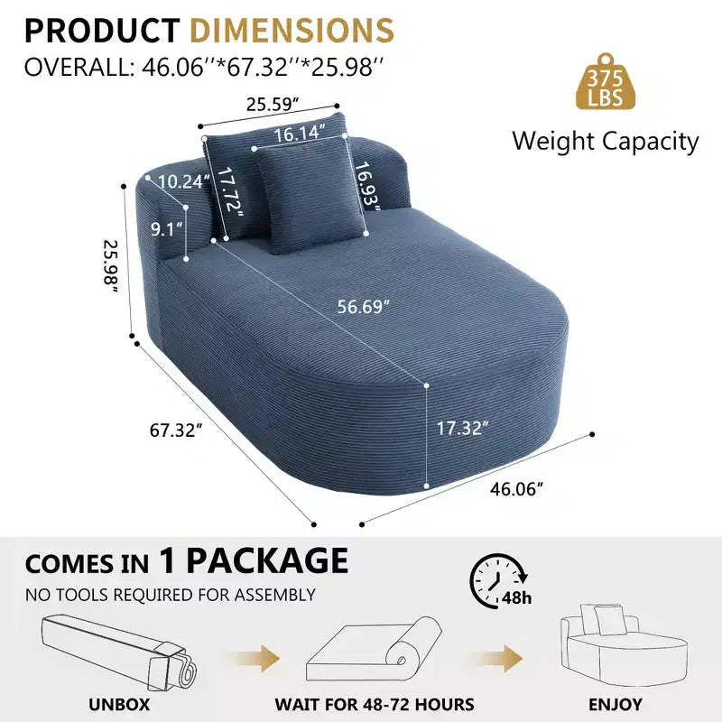 67.5 Corduroy Chaise Lounge Chair, Wide Seat, Deep Seating King Chair with 2 Pillows, Convertible Frameless Sofa Bed for Living Room