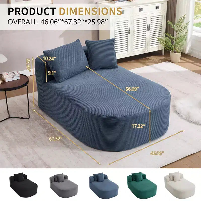 67.5 Corduroy Chaise Lounge Chair, Wide Seat, Deep Seating King Chair with 2 Pillows, Convertible Frameless Sofa Bed for Living Room