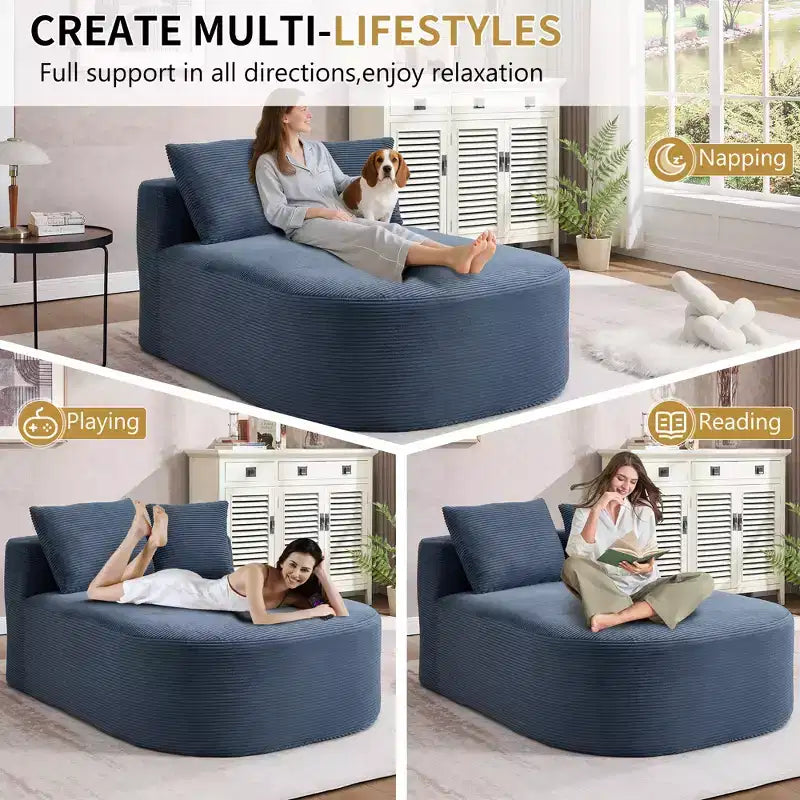 67.5 Corduroy Chaise Lounge Chair, Wide Seat, Deep Seating King Chair with 2 Pillows, Convertible Frameless Sofa Bed for Living Room