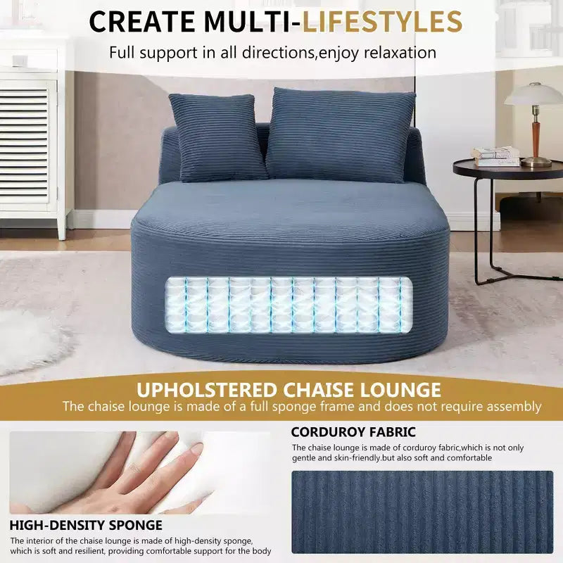 67.5 Corduroy Chaise Lounge Chair, Wide Seat, Deep Seating King Chair with 2 Pillows, Convertible Frameless Sofa Bed for Living Room