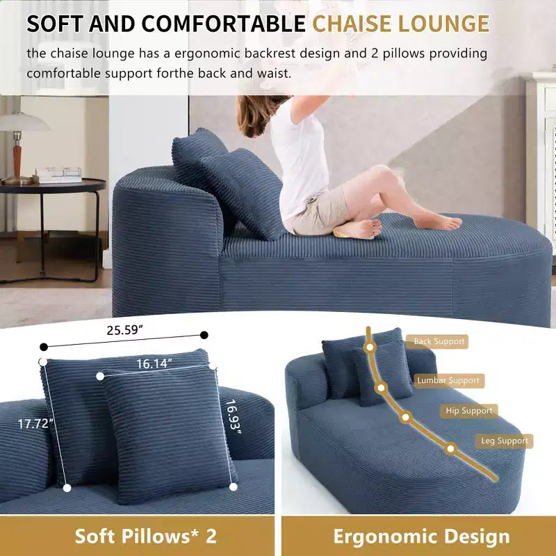 67.5 Corduroy Chaise Lounge Chair, Wide Seat, Deep Seating King Chair with 2 Pillows, Convertible Frameless Sofa Bed for Living Room