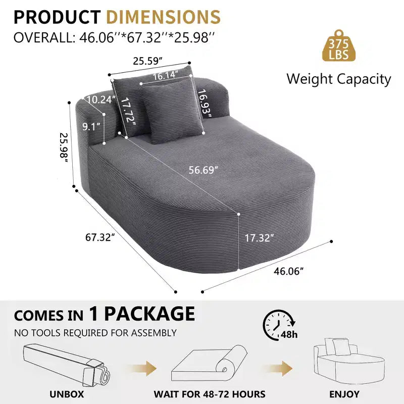 67.5 Corduroy Chaise Lounge Chair, Wide Seat, Deep Seating King Chair with 2 Pillows, Convertible Frameless Sofa Bed for Living Room