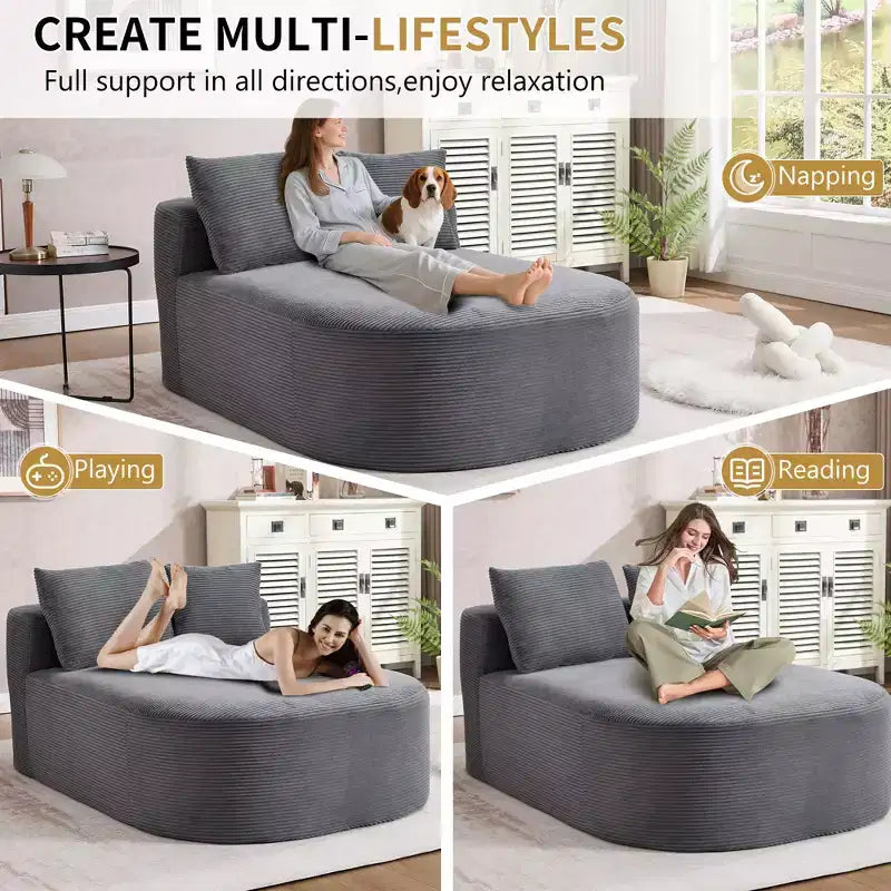 67.5 Corduroy Chaise Lounge Chair, Wide Seat, Deep Seating King Chair with 2 Pillows, Convertible Frameless Sofa Bed for Living Room