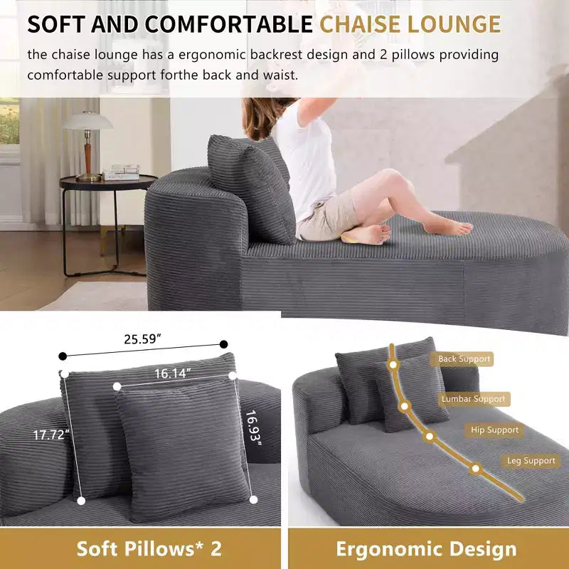67.5 Corduroy Chaise Lounge Chair, Wide Seat, Deep Seating King Chair with 2 Pillows, Convertible Frameless Sofa Bed for Living Room