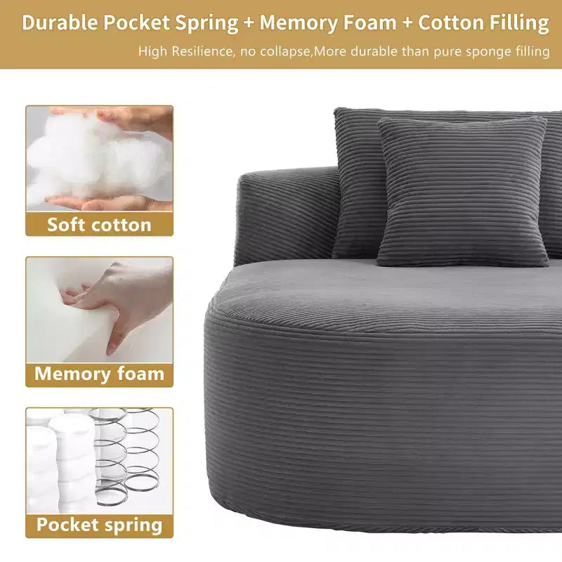 67.5 Corduroy Chaise Lounge Chair, Wide Seat, Deep Seating King Chair with 2 Pillows, Convertible Frameless Sofa Bed for Living Room