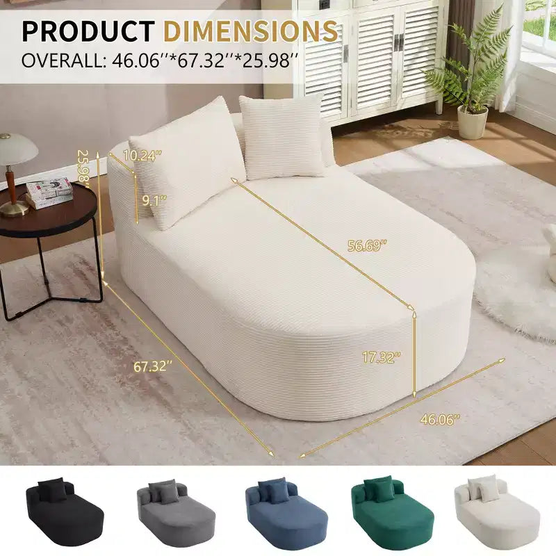 67.5 Corduroy Chaise Lounge Chair, Wide Seat, Deep Seating King Chair with 2 Pillows, Convertible Frameless Sofa Bed for Living Room