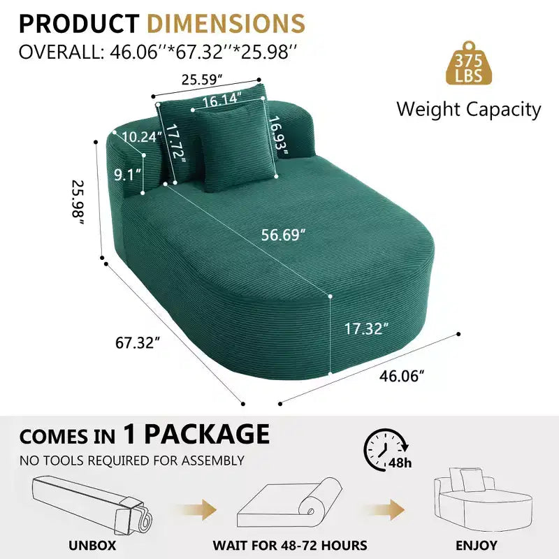 67.5 Corduroy Chaise Lounge Chair, Wide Seat, Deep Seating King Chair with 2 Pillows, Convertible Frameless Sofa Bed for Living Room