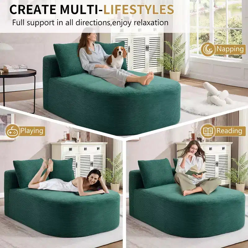 67.5 Corduroy Chaise Lounge Chair, Wide Seat, Deep Seating King Chair with 2 Pillows, Convertible Frameless Sofa Bed for Living Room