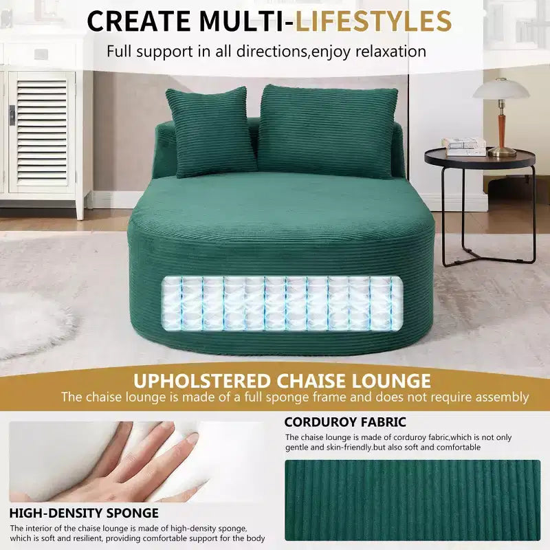 67.5 Corduroy Chaise Lounge Chair, Wide Seat, Deep Seating King Chair with 2 Pillows, Convertible Frameless Sofa Bed for Living Room