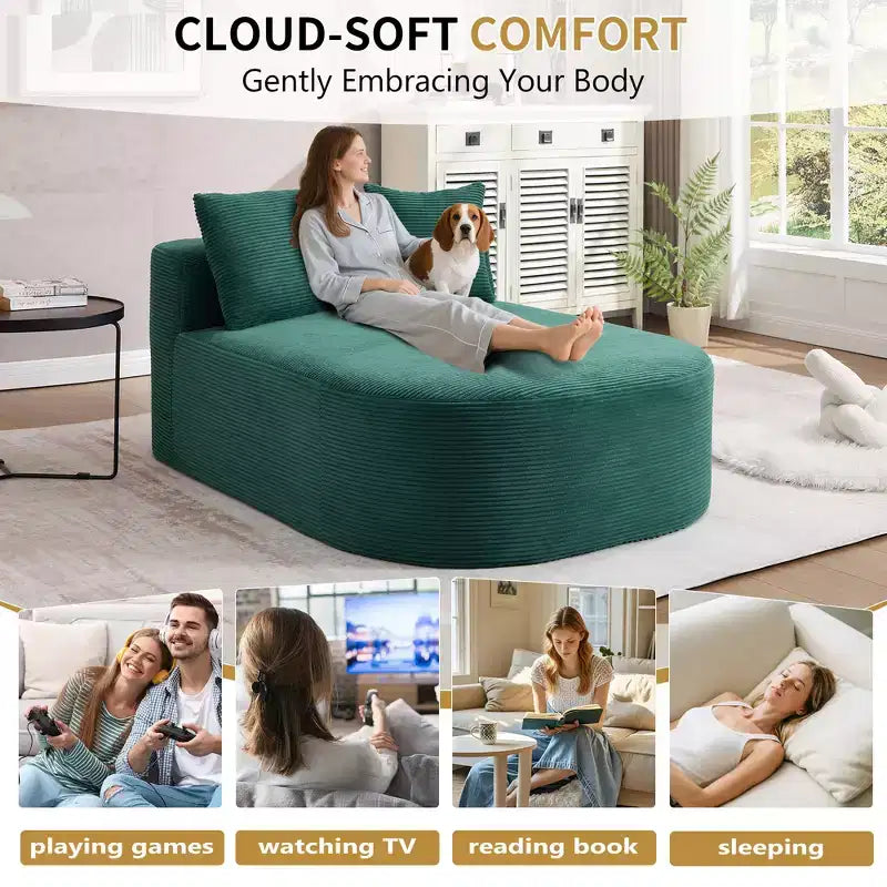 67.5 Corduroy Chaise Lounge Chair, Wide Seat, Deep Seating King Chair with 2 Pillows, Convertible Frameless Sofa Bed for Living Room
