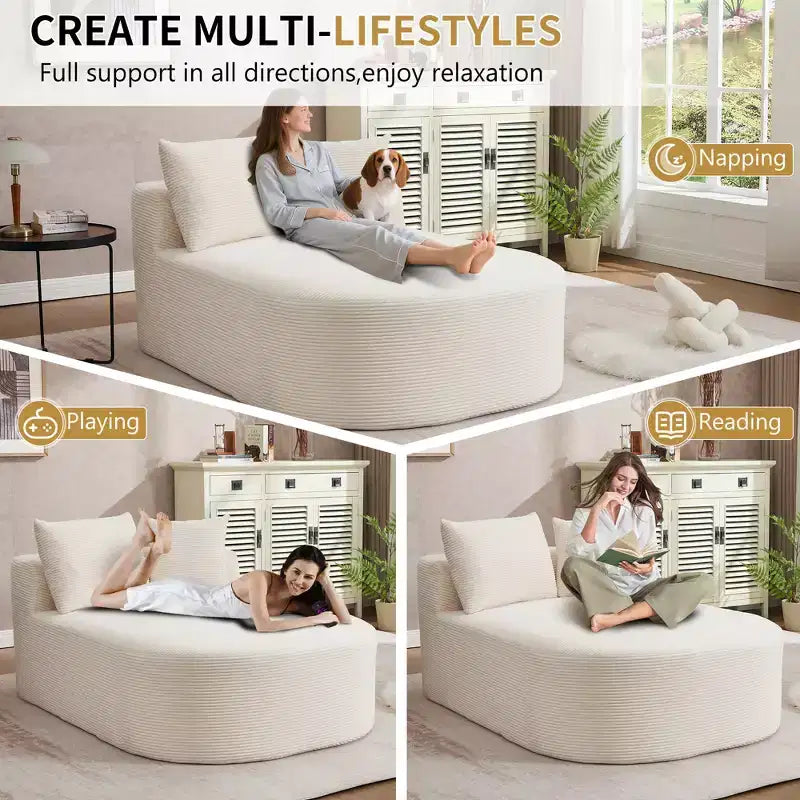 67.5 Corduroy Chaise Lounge Chair, Wide Seat, Deep Seating King Chair with 2 Pillows, Convertible Frameless Sofa Bed for Living Room