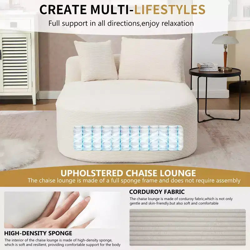 67.5 Corduroy Chaise Lounge Chair, Wide Seat, Deep Seating King Chair with 2 Pillows, Convertible Frameless Sofa Bed for Living Room