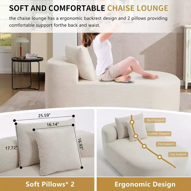 67.5 Corduroy Chaise Lounge Chair, Wide Seat, Deep Seating King Chair with 2 Pillows, Convertible Frameless Sofa Bed for Living Room
