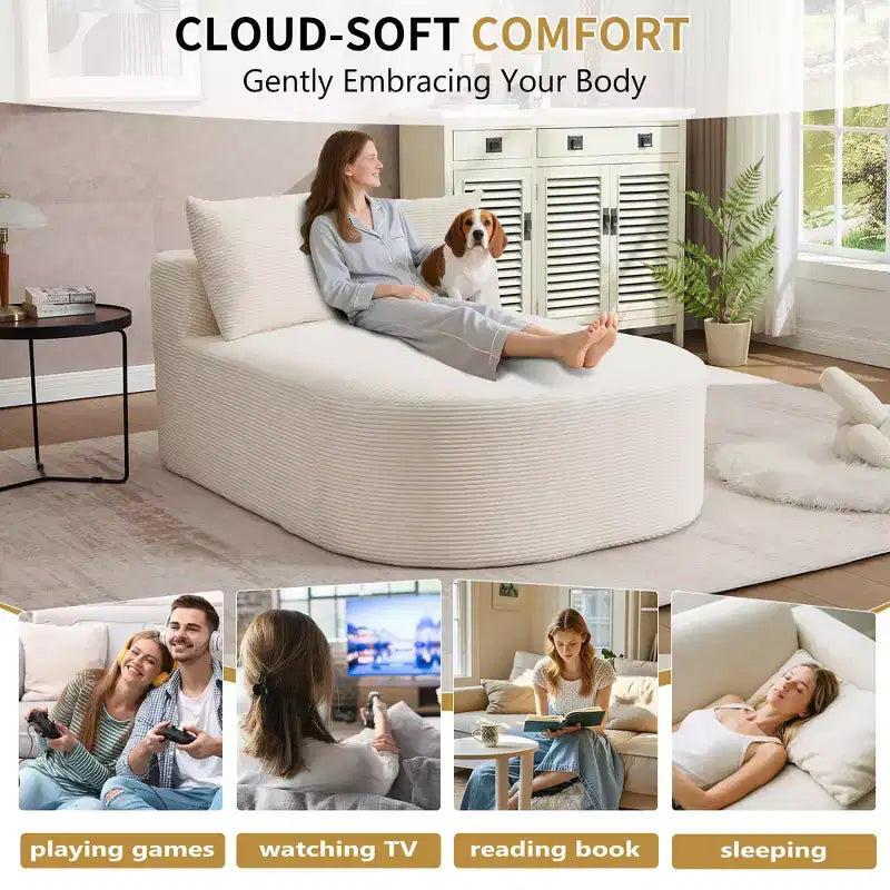67.5 Corduroy Chaise Lounge Chair, Wide Seat, Deep Seating King Chair with 2 Pillows, Convertible Frameless Sofa Bed for Living Room
