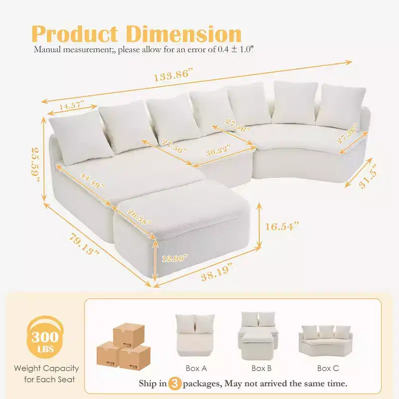 Whisen 133'' Modular U-Shaped Sectional Compression Sofa with Removable Recliner Module
