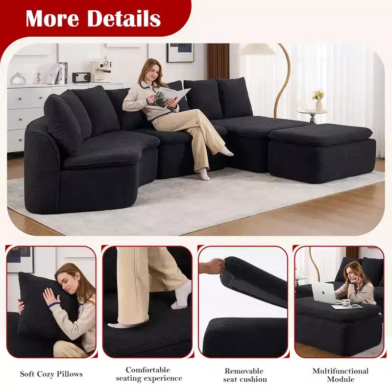 Whisen 133'' Modular U-Shaped Sectional Compression Sofa with Removable Recliner Module