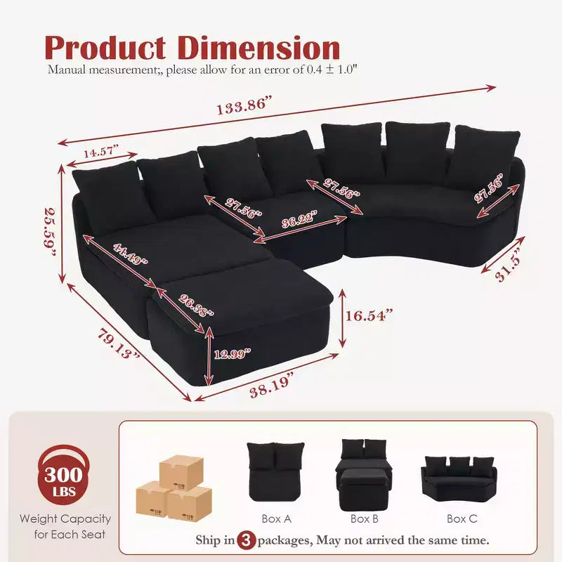 Whisen 133'' Modular U-Shaped Sectional Compression Sofa with Removable Recliner Module