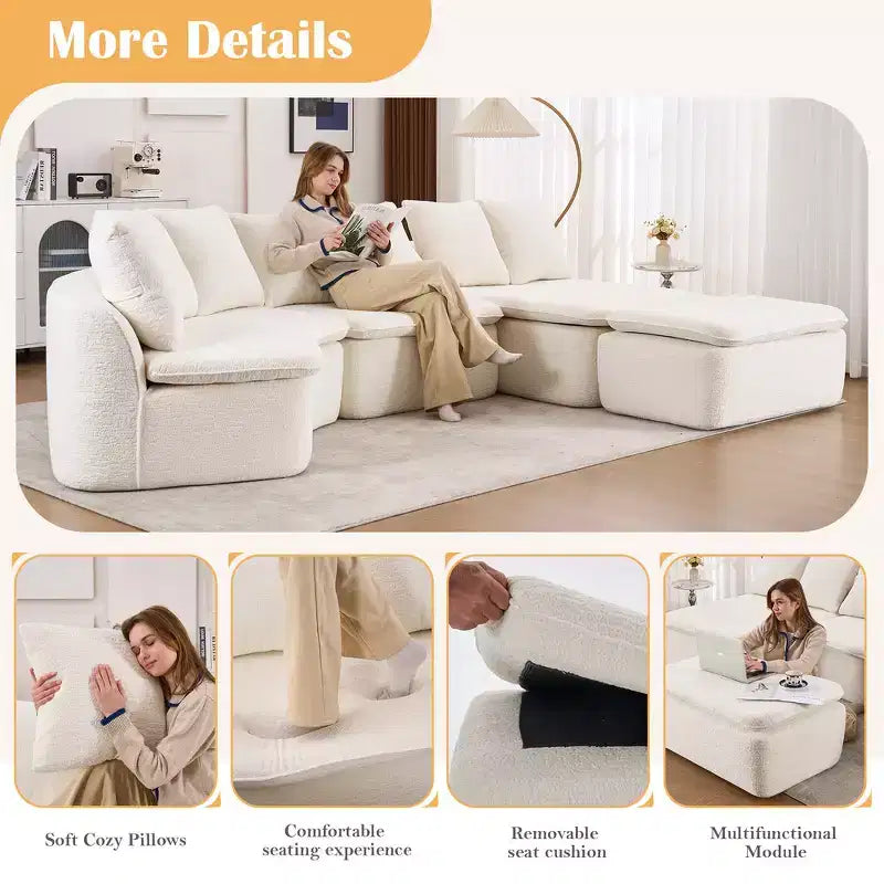 Whisen 133'' Modular U-Shaped Sectional Compression Sofa with Removable Recliner Module