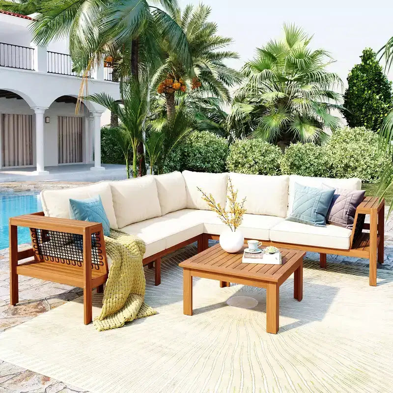 GDFStudio Alberta Juego de sofá moderno en forma de L de 4 piezas para patio de madera de acacia con reposabrazos de cuerda trenzada, mesa de centro y cojines