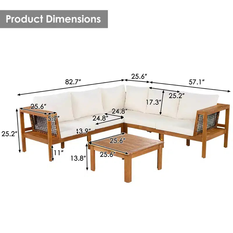 GDFStudio Alberta Juego de sofá moderno en forma de L de 4 piezas para patio de madera de acacia con reposabrazos de cuerda trenzada, mesa de centro y cojines