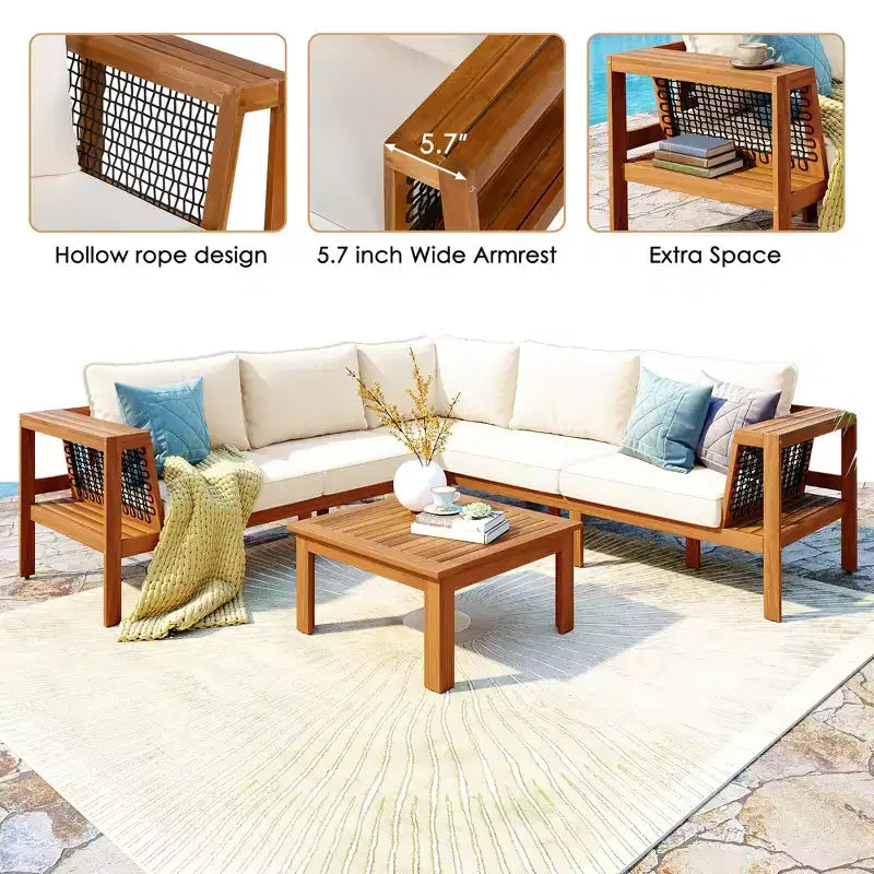 GDFStudio Alberta Juego de sofá moderno en forma de L de 4 piezas para patio de madera de acacia con reposabrazos de cuerda trenzada, mesa de centro y cojines
