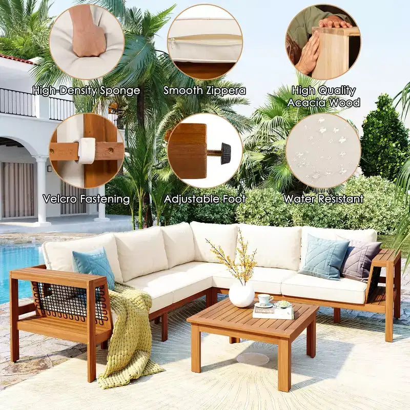 GDFStudio Alberta Juego de sofá moderno en forma de L de 4 piezas para patio de madera de acacia con reposabrazos de cuerda trenzada, mesa de centro y cojines