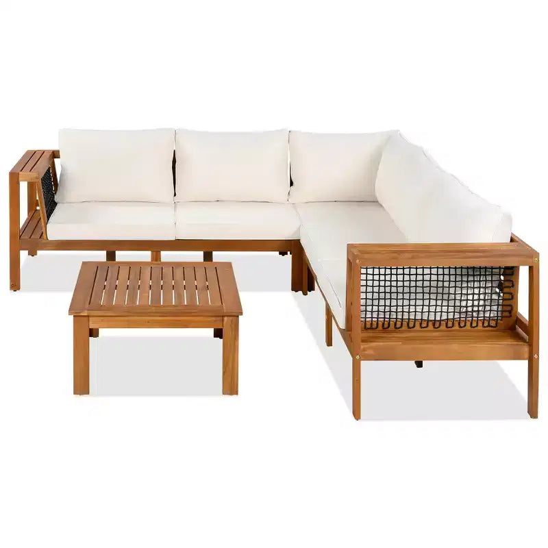 GDFStudio Alberta Juego de sofá moderno en forma de L de 4 piezas para patio de madera de acacia con reposabrazos de cuerda trenzada, mesa de centro y cojines