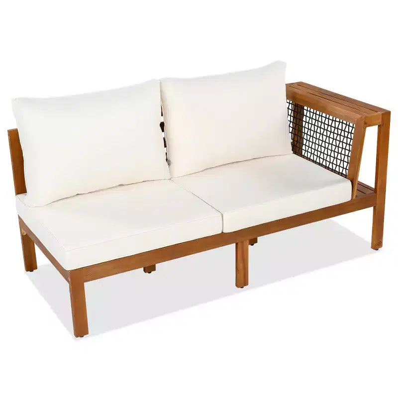 GDFStudio Alberta Juego de sofá moderno en forma de L de 4 piezas para patio de madera de acacia con reposabrazos de cuerda trenzada, mesa de centro y cojines