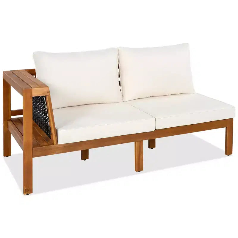 GDFStudio Alberta Juego de sofá moderno en forma de L de 4 piezas para patio de madera de acacia con reposabrazos de cuerda trenzada, mesa de centro y cojines