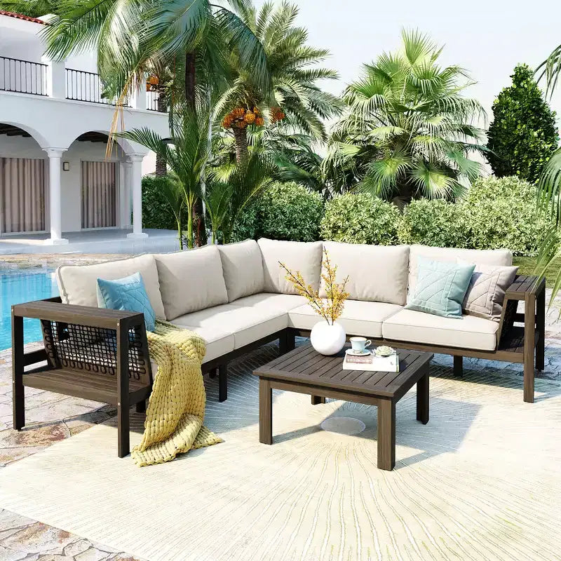GDFStudio Alberta Juego de sofá moderno en forma de L de 4 piezas para patio de madera de acacia con reposabrazos de cuerda trenzada, mesa de centro y cojines