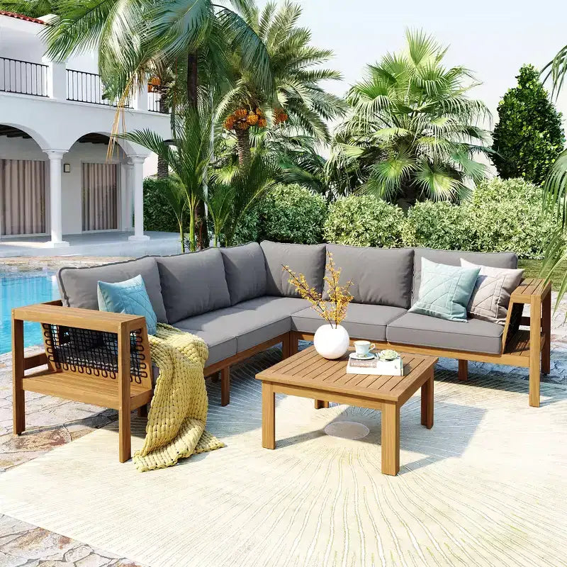 GDFStudio Alberta Juego de sofá moderno en forma de L de 4 piezas para patio de madera de acacia con reposabrazos de cuerda trenzada, mesa de centro y cojines