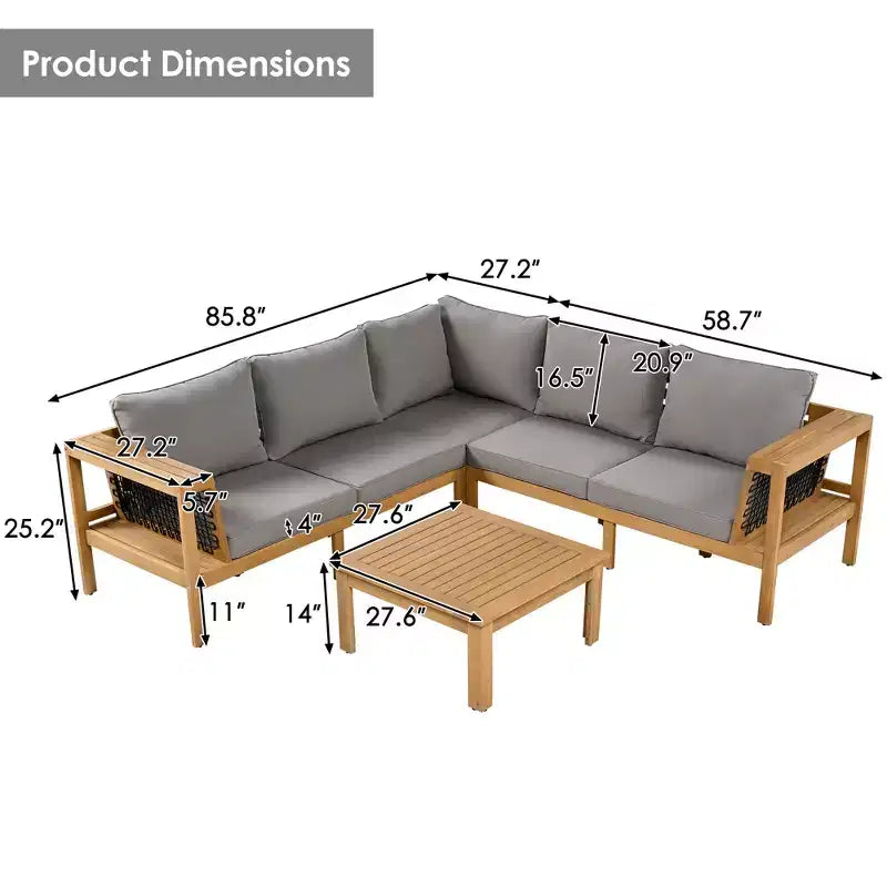 GDFStudio Alberta Juego de sofá moderno en forma de L de 4 piezas para patio de madera de acacia con reposabrazos de cuerda trenzada, mesa de centro y cojines