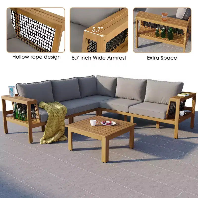 GDFStudio Alberta Juego de sofá moderno en forma de L de 4 piezas para patio de madera de acacia con reposabrazos de cuerda trenzada, mesa de centro y cojines