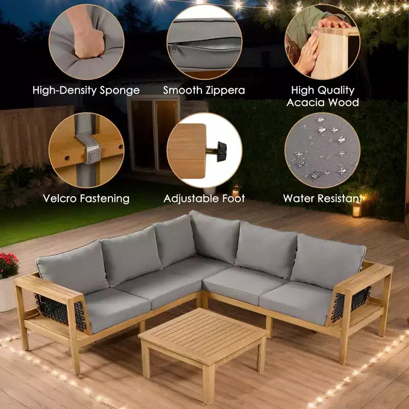 GDFStudio Alberta Juego de sofá moderno en forma de L de 4 piezas para patio de madera de acacia con reposabrazos de cuerda trenzada, mesa de centro y cojines