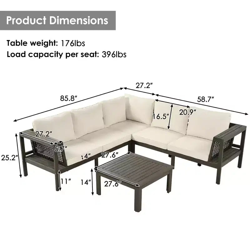 GDFStudio Alberta Juego de sofá moderno en forma de L de 4 piezas para patio de madera de acacia con reposabrazos de cuerda trenzada, mesa de centro y cojines