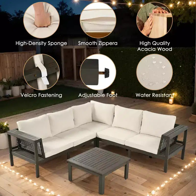 GDFStudio Alberta Juego de sofá moderno en forma de L de 4 piezas para patio de madera de acacia con reposabrazos de cuerda trenzada, mesa de centro y cojines