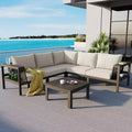 GDFStudio Alberta Patio Modern 4-Piece Acacia Wood L-Shaped Sofa Set with Woven Rope Armrests, Coffee Table, and Cushions