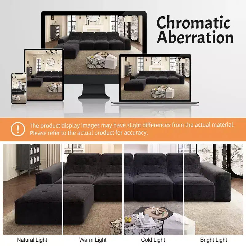143.7Modular Sectional Sofa Set with Removable Ottoman, Tufted Deep Seat Couch, Chaise & Accent Chair, Modern Sparkling Chenille Sofa for Living Room