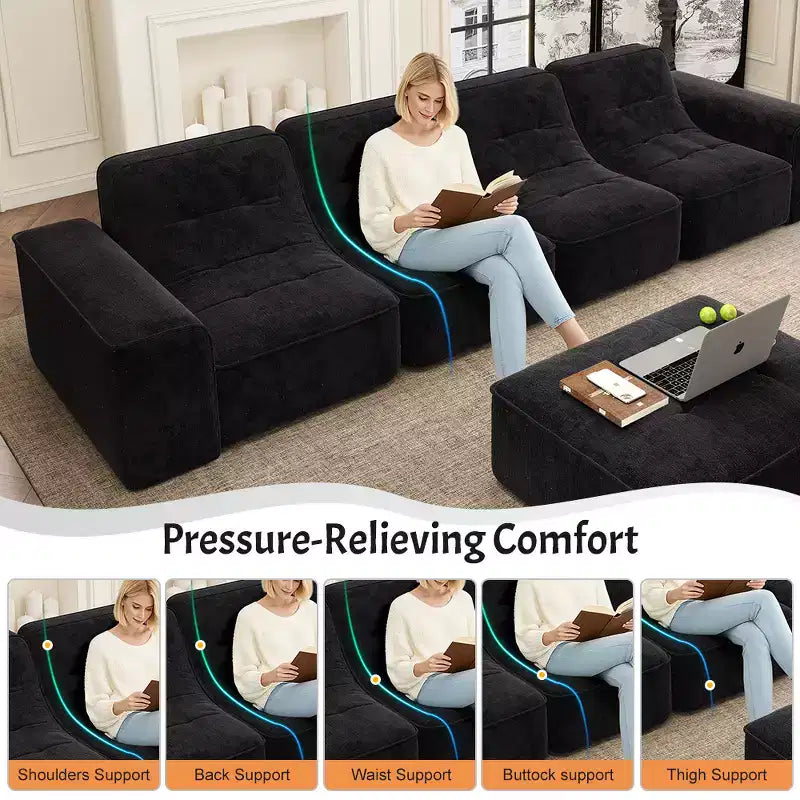 143.7Modular Sectional Sofa Set with Removable Ottoman, Tufted Deep Seat Couch, Chaise & Accent Chair, Modern Sparkling Chenille Sofa for Living Room