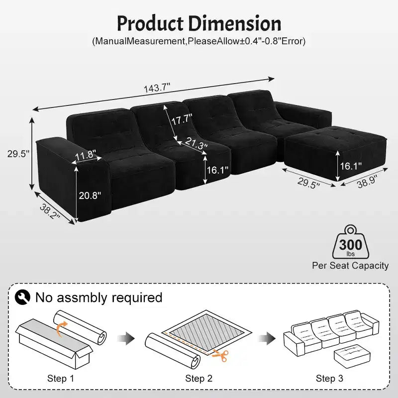 143.7Modular Sectional Sofa Set with Removable Ottoman, Tufted Deep Seat Couch, Chaise & Accent Chair, Modern Sparkling Chenille Sofa for Living Room