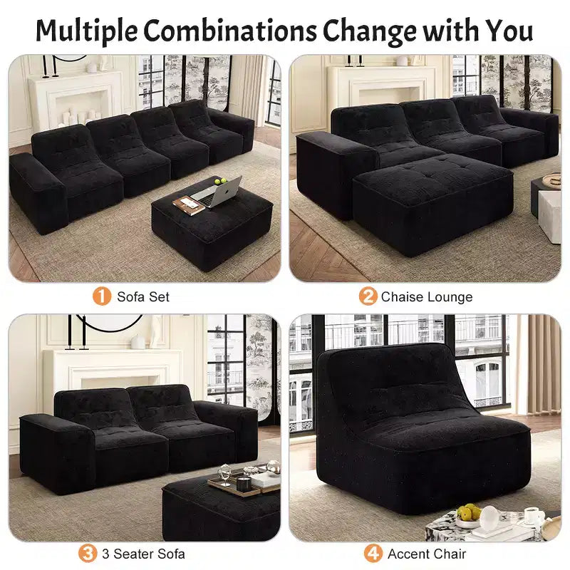 143.7Modular Sectional Sofa Set with Removable Ottoman, Tufted Deep Seat Couch, Chaise & Accent Chair, Modern Sparkling Chenille Sofa for Living Room