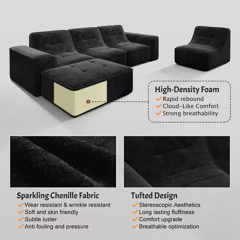 143.7Modular Sectional Sofa Set with Removable Ottoman, Tufted Deep Seat Couch, Chaise & Accent Chair, Modern Sparkling Chenille Sofa for Living Room