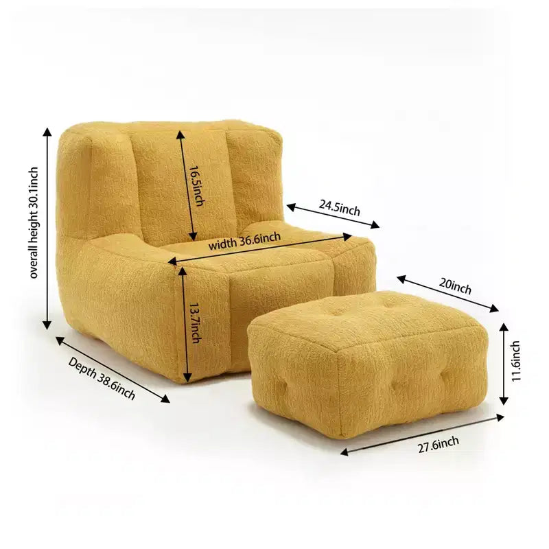 Fluffy Bean Bag Chair for Adults, Super Soft Memory Foam Sofa with Ottoman, Comfortable Modern Indoor Bean Bag for Living Room or Bedroom