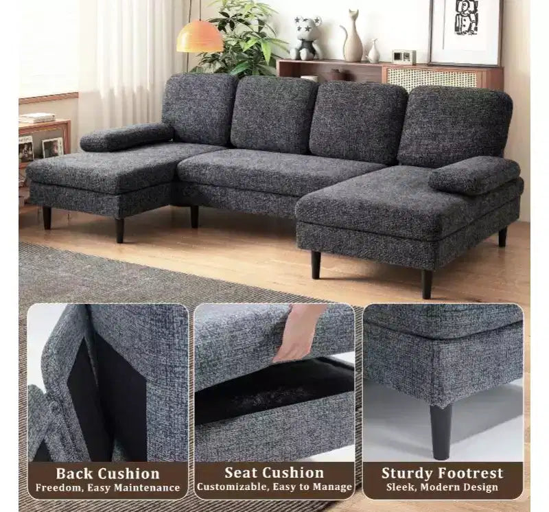 U-Shaped Combination Sofa Double Lounge Chair Chenille Fabric 4-Seat Living Room Furniture