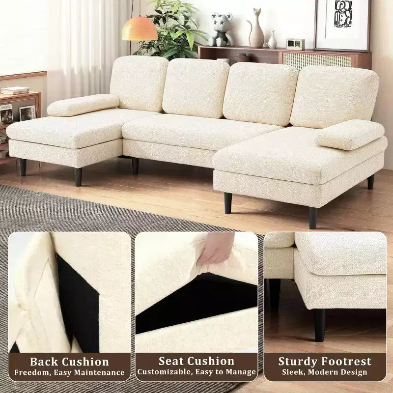 U-Shaped Combination Sofa Double Lounge Chair Chenille Fabric 4-Seat Living Room Furniture