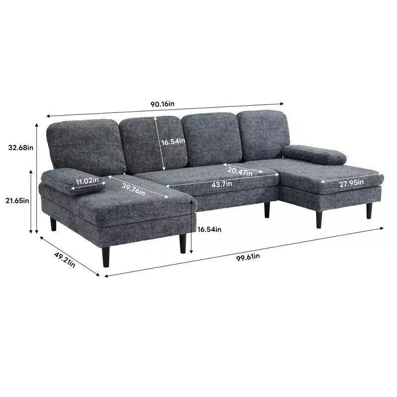 U-Shaped Combination Sofa Double Lounge Chair Chenille Fabric 4-Seat Living Room Furniture