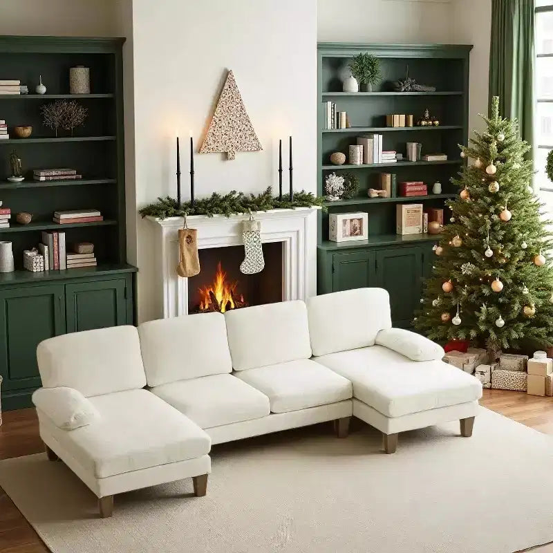 U-Shaped Combination Sofa Double Lounge Chair Chenille Fabric 4-Seat Living Room Furniture