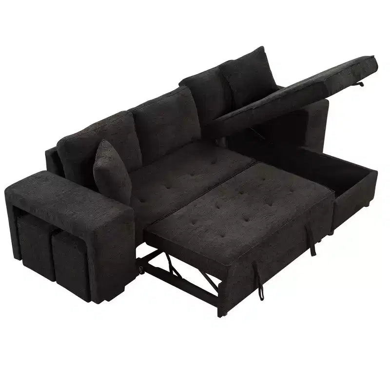 104.5 Modern L-Shape 3 Seat Reversible Sectional Couch Pull Out Sleeper Sofa with Storage Chaise and 2 Stools for Living Room Furniture Set
